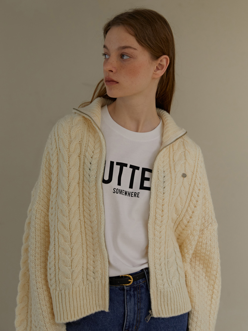 cable knit Full zip-up - ivory