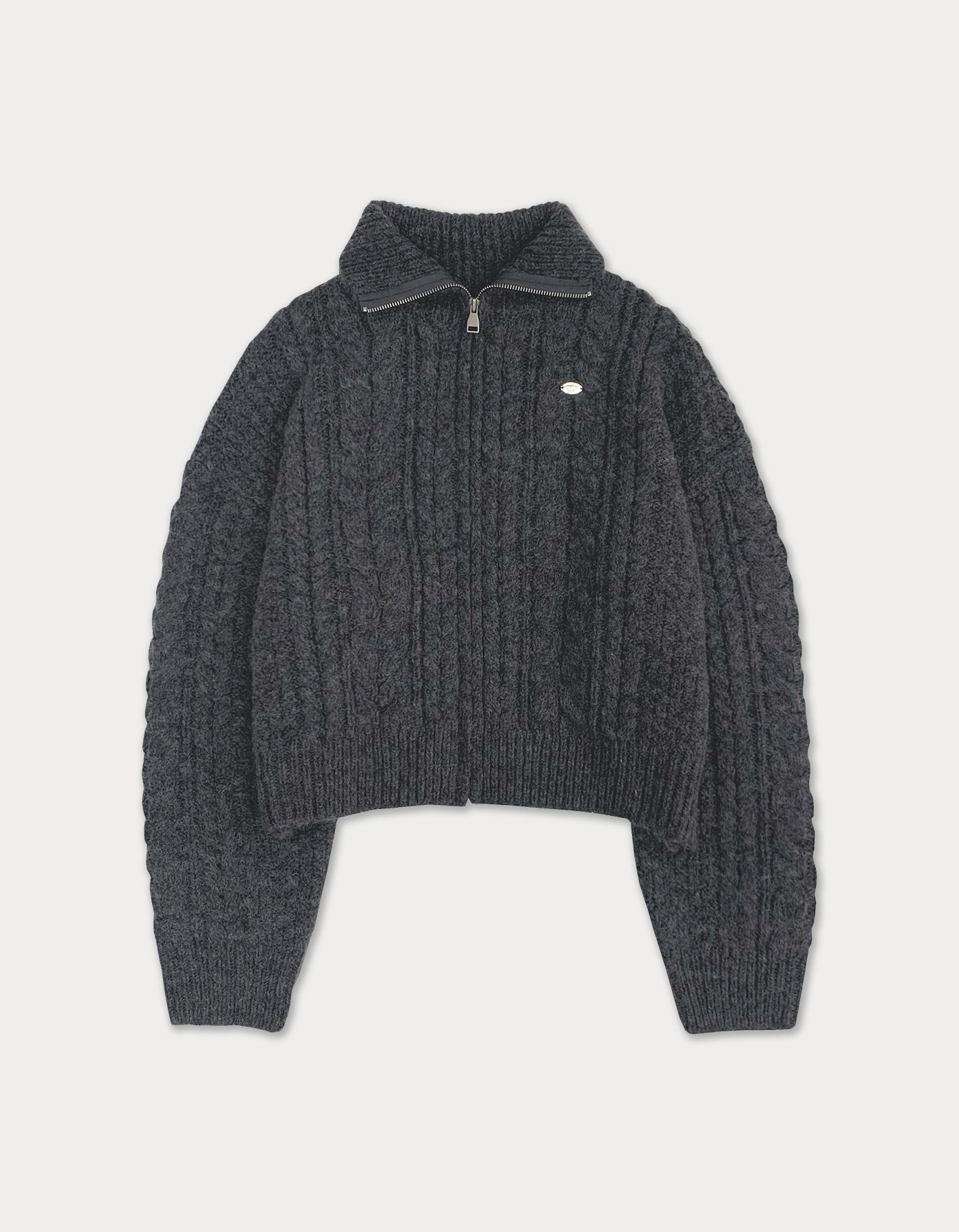 cable knit Full zip-up - charcoal