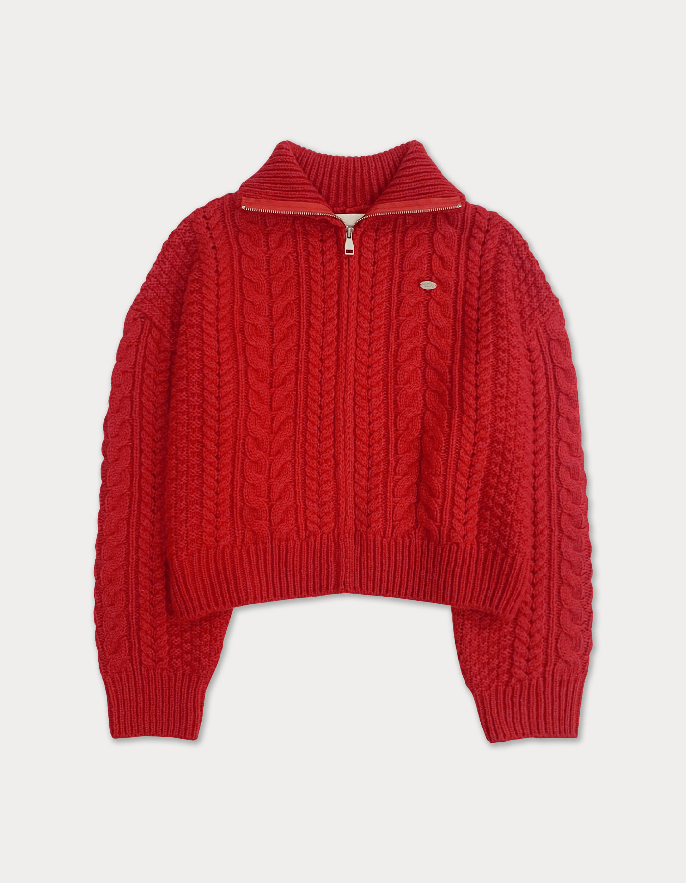 cable knit Full zip-up - tomato red