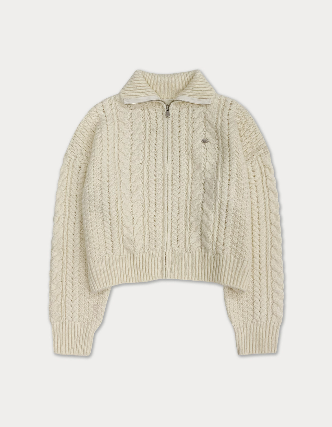 cable knit Full zip-up - ivory